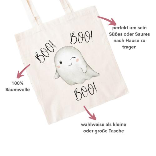 Baumwolltasche für Hallo mit niedlichem Gespenst und BOO! Beispiel, Farbe: natur, Besonderheiten